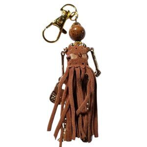 Charm Doll Purse Tassel Key Chain Necklace Pendant Brown Bead Suede Skirt gold